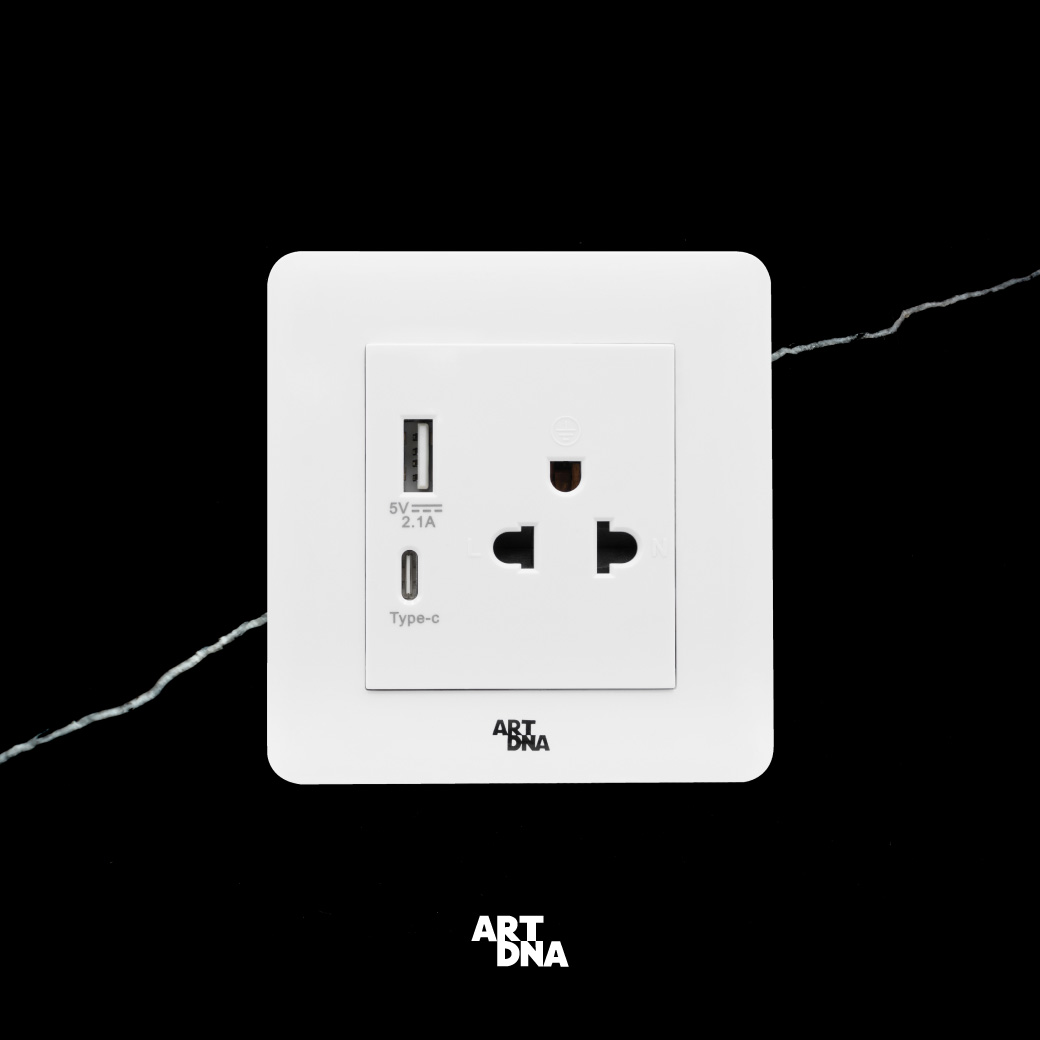 A63 FRAMELESS WHITE 3 PIN & USB CHARGER + TYPE C SOCKET